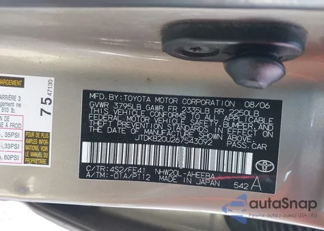 2006 Toyota Prius z USA, uszkodzony, nr VIN JTDKB20U267543092